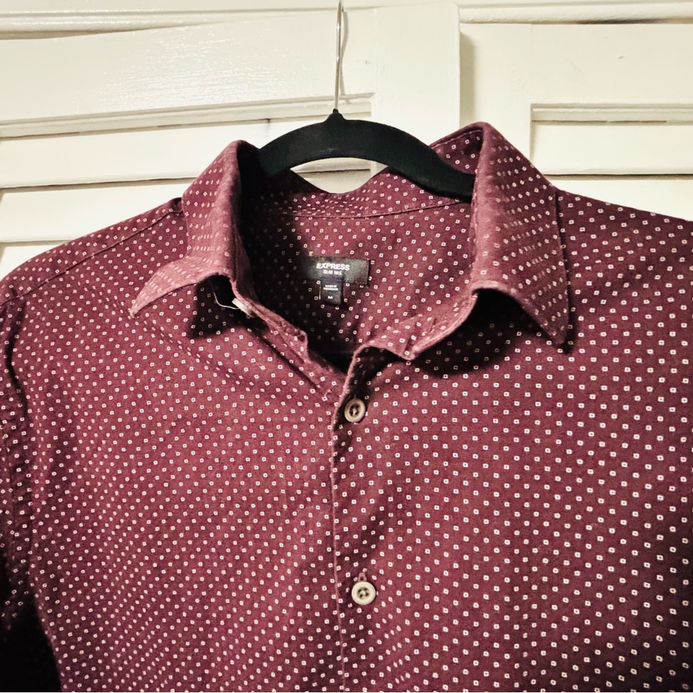 Express Burgundy and White Polka Dot Shirt